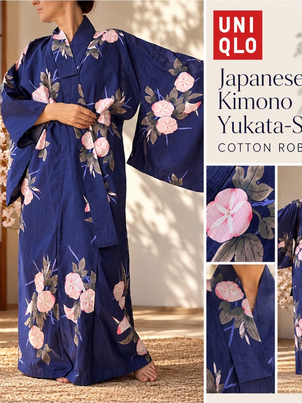 UNIQLO Japanese Kimono Yukata-Style Floral Cotton Robe
